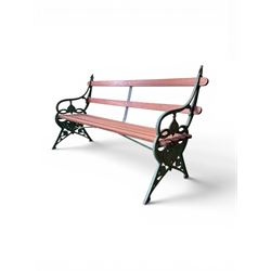 Coalbrookdale - Lily Pad design cast iron an wood slatted garden bench, late 19th century Aesthetic Movement, no. 217569, distressed green paint, iron centre support and seat stretcher, hardwood slatted