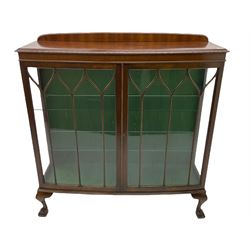  Early 20th century mahogany bow front display cabinet, ball and claw feet, glass shelves