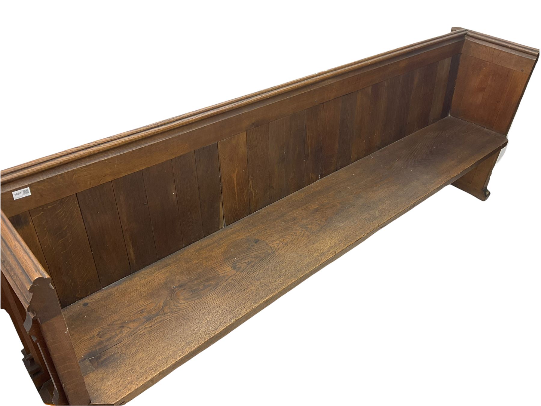 Victorian solid oak pew, panelled design, carved Gothic ends