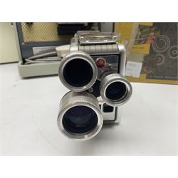 Bolex Paillard P3 Zoom Reflex camera body, serial no 38090, with 'B te S.G.D.G Som Berthiot Pan-Cinor 1:1.9 f=8a 40' lens, serial no. 40251438 in case, Kodak Brownie movie camera, Kodak model 2 Brownie movie camera and a Kodak 8 Movie Projector A-15G and other camera equipment 