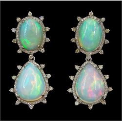 Pair of silver and gold opal and round brilliant cut diamond pendant stud earrings, total opal weight approx 15.35 carat, total diamond weight approx 1.25 carat