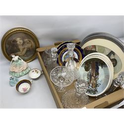 Group of glassware to include Stuart Ships decanter, Stuart carafe, together with six various decorative plates and three framed oval prints, Victorian and later ceramics, two Coalport figures etc