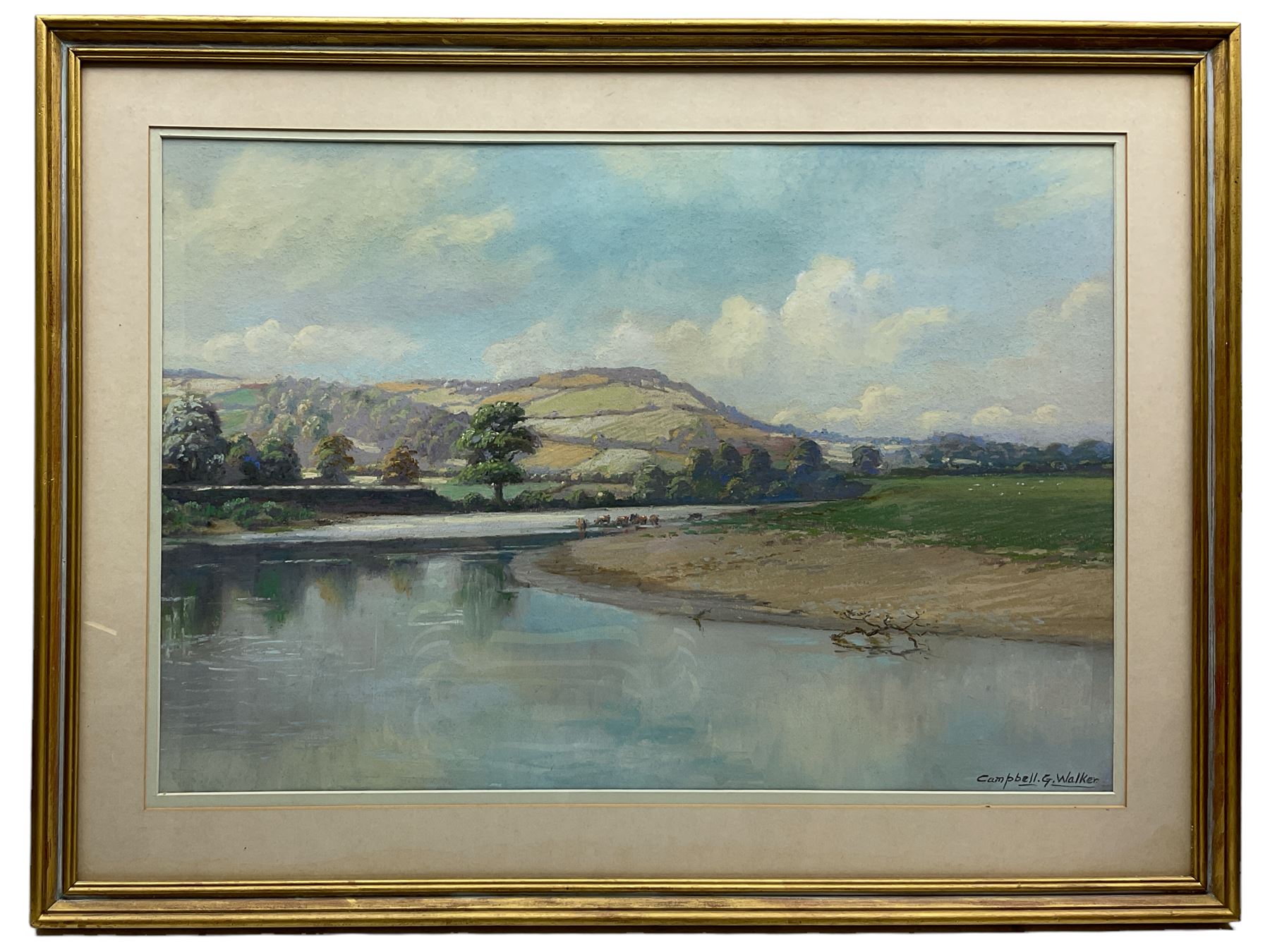 Campbell G Walker (British 20th century): River Landscape with Cattle Watering, pastel signed 44cm x 64cm