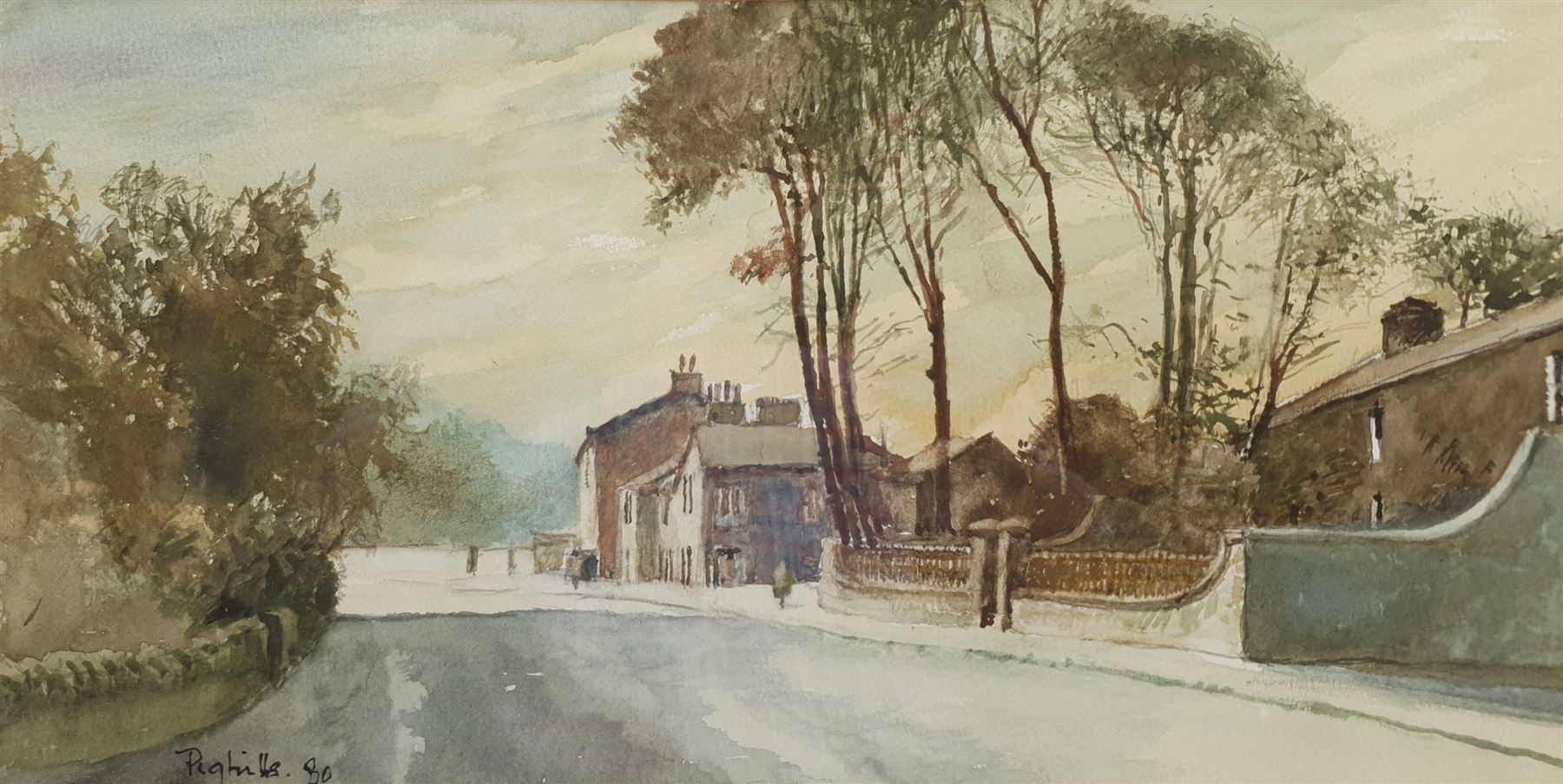 Joseph Pighills (British 1902-1984): 'The Main Street Lothersdale', watercolour signed and dated '80, with Bradford Art Gallery exhibition catalogue verso Cat. No.30, 19cm x 37cm