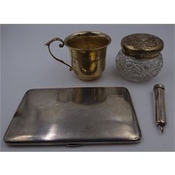 Group of silver, comprising 1930s cigarette case, with engine turned decoration and monogram to front cover and personal engraving to interior, hallmarked Birmingham 1933, maker's mark JMW, together with a cheroot case holder, christening mug and glass dressing table jar with silver lid, all hallmarked 