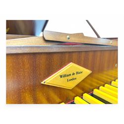 William de Blaise of London- mid 20th century Cembalo Traverso one manual Harpsichord in a teak case, with a five octave F1-f3 compass, two sets of strings and two rows of jacks, with three pedals and one hand stop, with one 8' and one 4', harp and piano to to 8', with a folding music desk and key fall, tuning key and tuning fork.
