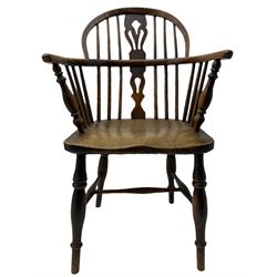 19th century elm and ash Windsor armchair, low hoop and stick back with shaped and pierced splat, raised on turned supports joined by H stretcher 