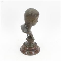 After the Antique, mid/late 19th century bronze portrait bust of a young Julius Caesar, upon a bronze waisted socle, signed L SALVAGGI ROMA, and circular stepped red marble plinth, overall H30.5cm
