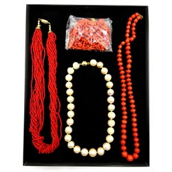  Three coral necklaces and a pearl necklace with silver-gilt clasp, stamped 925  