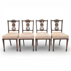 Quality Edwardian seven piece inlaid salon suite, comprising three seater settee, pair of arm chairs and four chairs with pierced splat backs, upholstered in pale pink fabric, inlaid with flowering urns, upon tapering legs with spade feet and castors