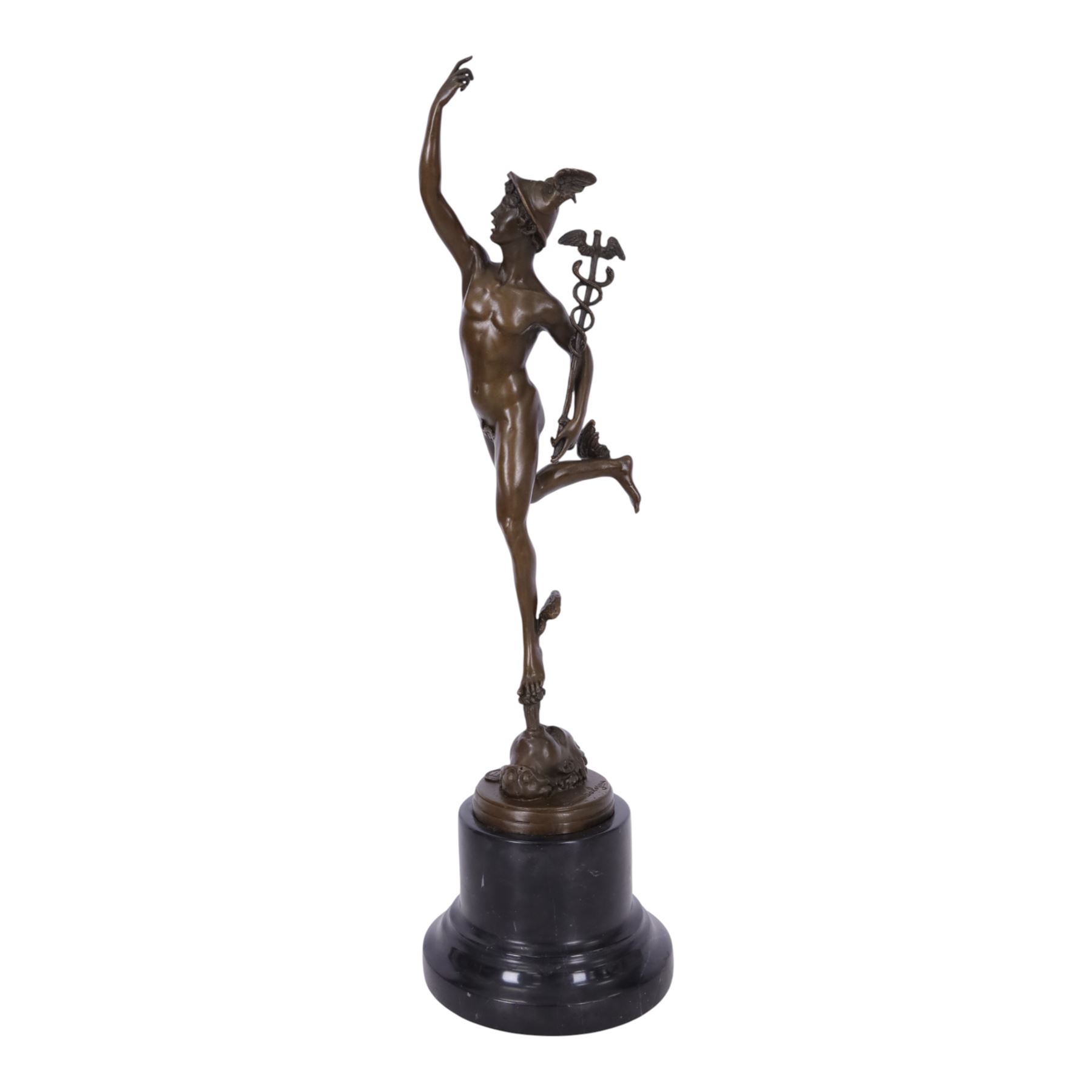 After Giambologna (Flemish 1529-1608): Bronze figure of Mercury holding a caduceus, on black marble base H43cm 