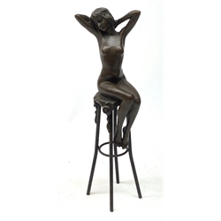 After D H Chiparus, an Art Deco style bronze modelled as a nude female figure seated upon a chair, H28cm. 