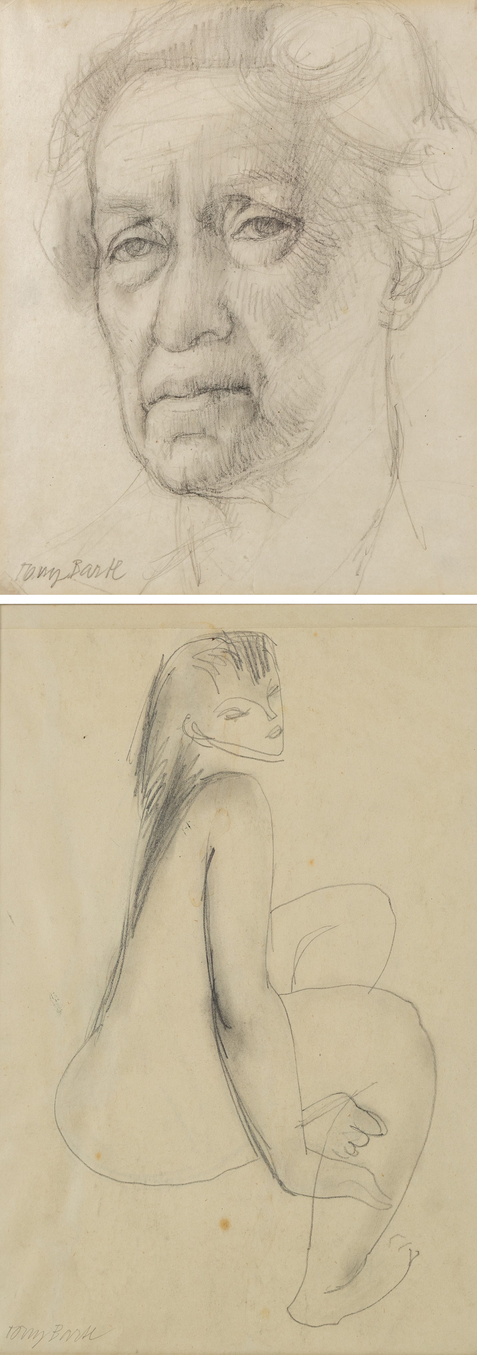 Tony Bartl (Czech 1912-1998): Portrait of an Elderly Woman and Female Nude, two pencil drawings signed max 34cm x 22cm (2)