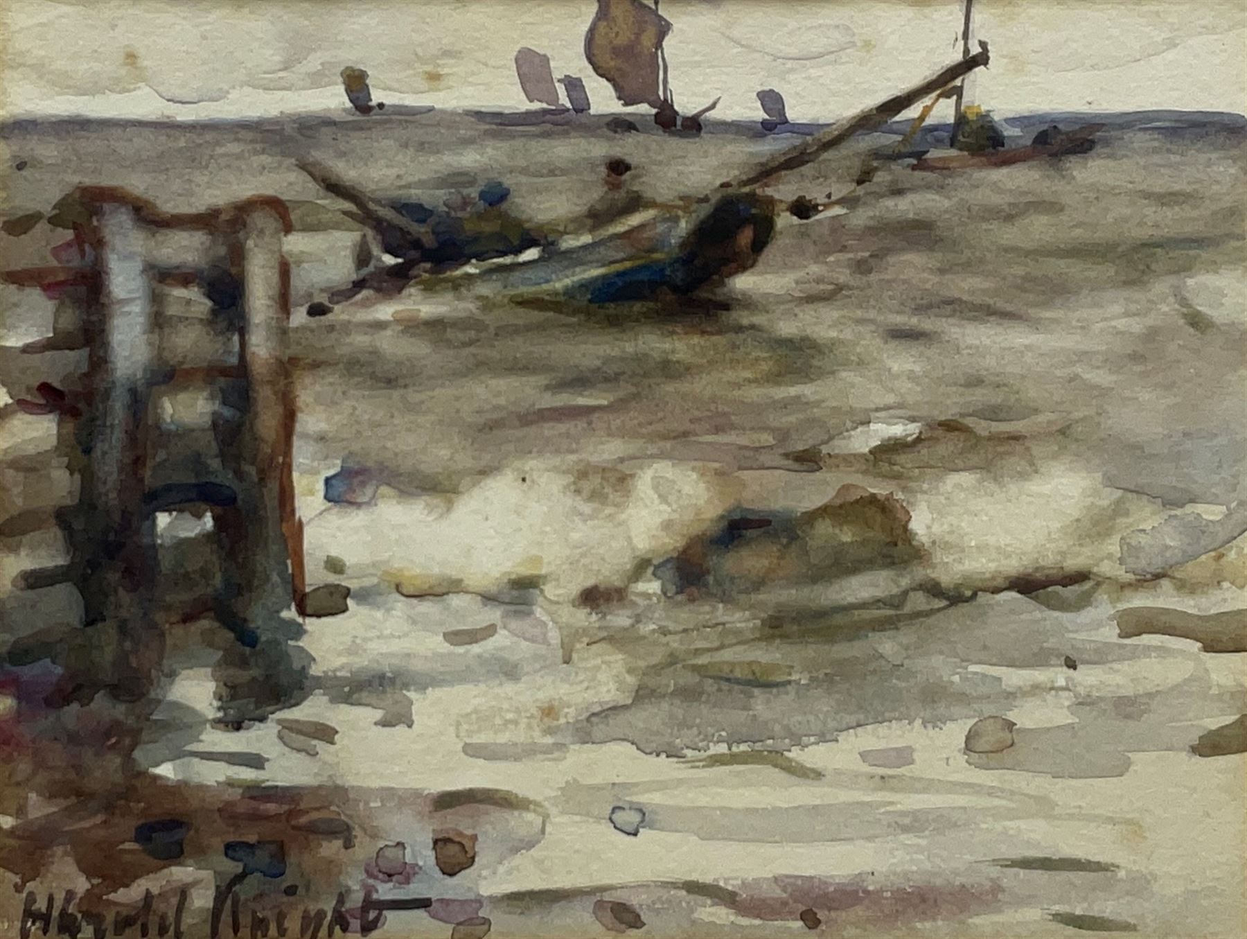 Harold Knight (Staithes Group 1874-1961): Staithes Cobles leaving the Shore, watercolour signed 15cm x 20cm