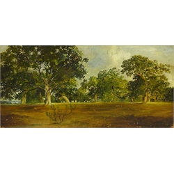 Circle of John Constable RA (British 1776-1837): Sheep in Wooded Landscape, oil on oak panel unsigned 24cm x 50cm