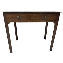 19th century oak side table, rectangular top with mahogany crossbanding, fitted with single drawer, raised on square chamfered supports