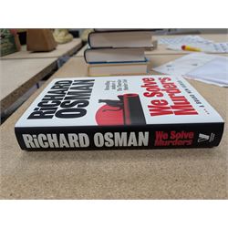 Eight first edition books, comprising signed Bob Mortimer 'And Away' autobiography, signed Richard Coles 'Murder Before Evensong' and six Richard Osman books, including 'The Thursday Murder Club' and 'The Last Devil To Die', with two Richard Osman signed bookplates