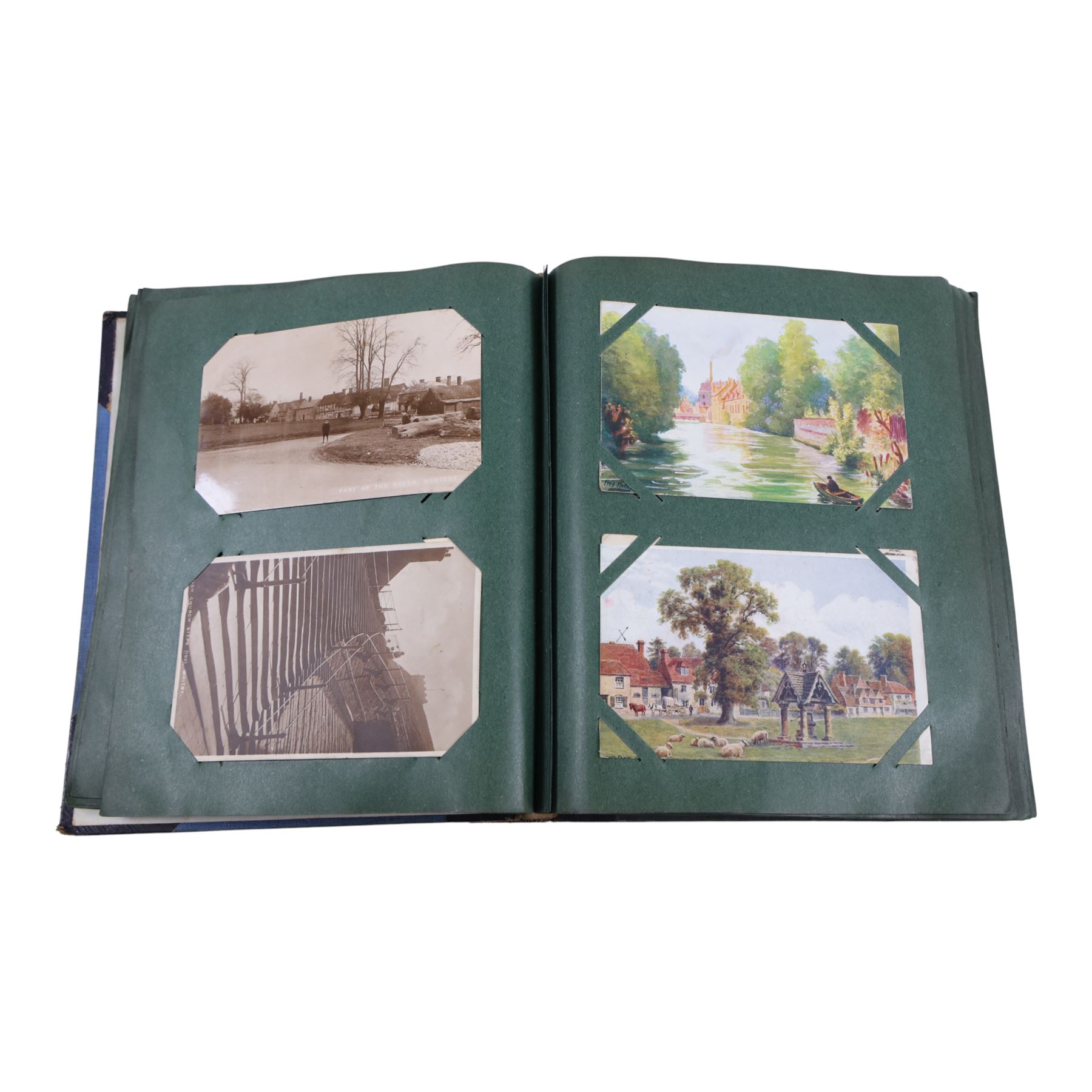 Collection of early 20th century postcards and greetings cards, including WWI embroidered silk Christmas card, black and white family photographs, 1920s birthday cards, black and white and colour postcards of Margate, Ramsgate, Blackpool etc, housed in three postcard albums