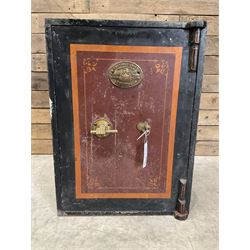 Samuel Withers & Co of West Bromwich - Victorian cast iron safe, the brass handle modelled as a clenched fist, painted in red, orange and black, with key. Ground floor delivery only, no steps.
