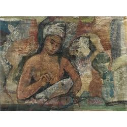 Egyptian School (20th century): Woman Preparing Fish, mixed paints on papyrus indistinctly signed and dated 2000, 35cm x 44cm