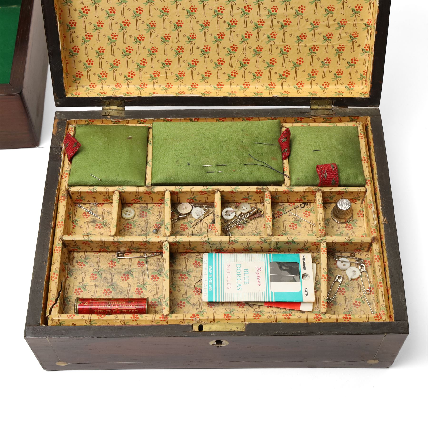 Victorian rosewood sewing box inlaid with mother of pearl W29cm and another with lift out tray and sewing accessories