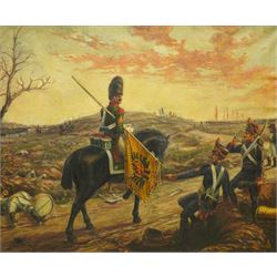 Krogh (Continental 19th century): Napoleonic Battle Scene, oil on canvas signed 18cm x 71cm