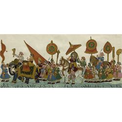 Mughal School (19th/20th century): Rajasthan Maharajah Procession, gouache on silk unsigned 21cm x 43cm