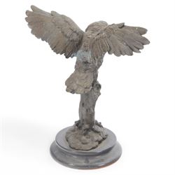 Bronzed figure of an owl taking flight, upon a circular hardstone base, H29cm