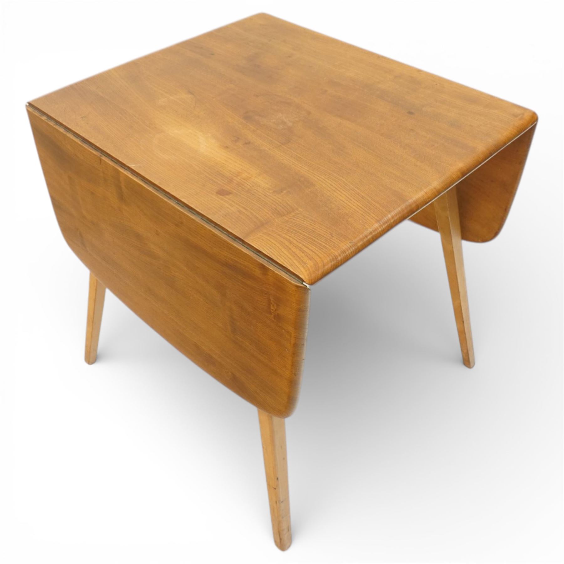 Ercol - model ‘383’ elm and beech drop-leaf table, rounded rectangular top extending to 136cm, on square tapering supports
