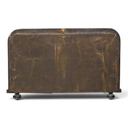 Victorian Tunbridge ware rectangular wall mirror, the moulded frame with rounded upper corners, veneered in figured walnut with geometric mosaic banding, enclosing a plain rectangular mirror plate, on projecting lower rail