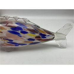 Bjorn Ramel Sea of Sweden Glasbruk art glass footed candle holder, together with a Murano fish, various other art glass vases, stylised green fish, etc, tallest H29cm