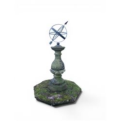 Impressive Haddon stone armillary sundial, raised on column pedestal with octagonal base, seated on weathered sectional plinth, measurements without plinth.
Plinth: 140cm x 140cm