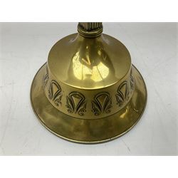 Early 20th century Daalderop of Holland Art Nouveau brass smokers stand, the square sided column stem raised upon circular spreading base with mounted ash tray decorated with typical Art Nouveau stylised motifs, with mark beneath, H72cm