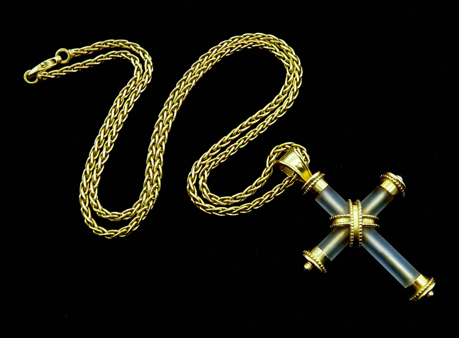 Theo Fennell 18ct gold rock crystal and round cabochon emerald cross pendant, London 1994, on original 18ct gold Spiga link necklace, Birmingham import marks 1992, in original box
