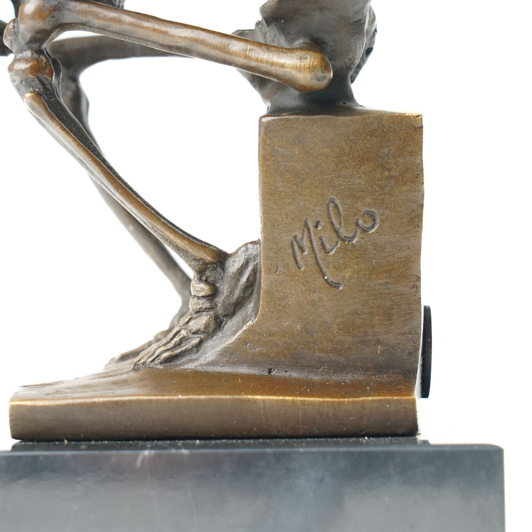 Bronze skeleton modelled as 'The Thinker', on black marble base, signed 'Milo' to plinth, H14cm