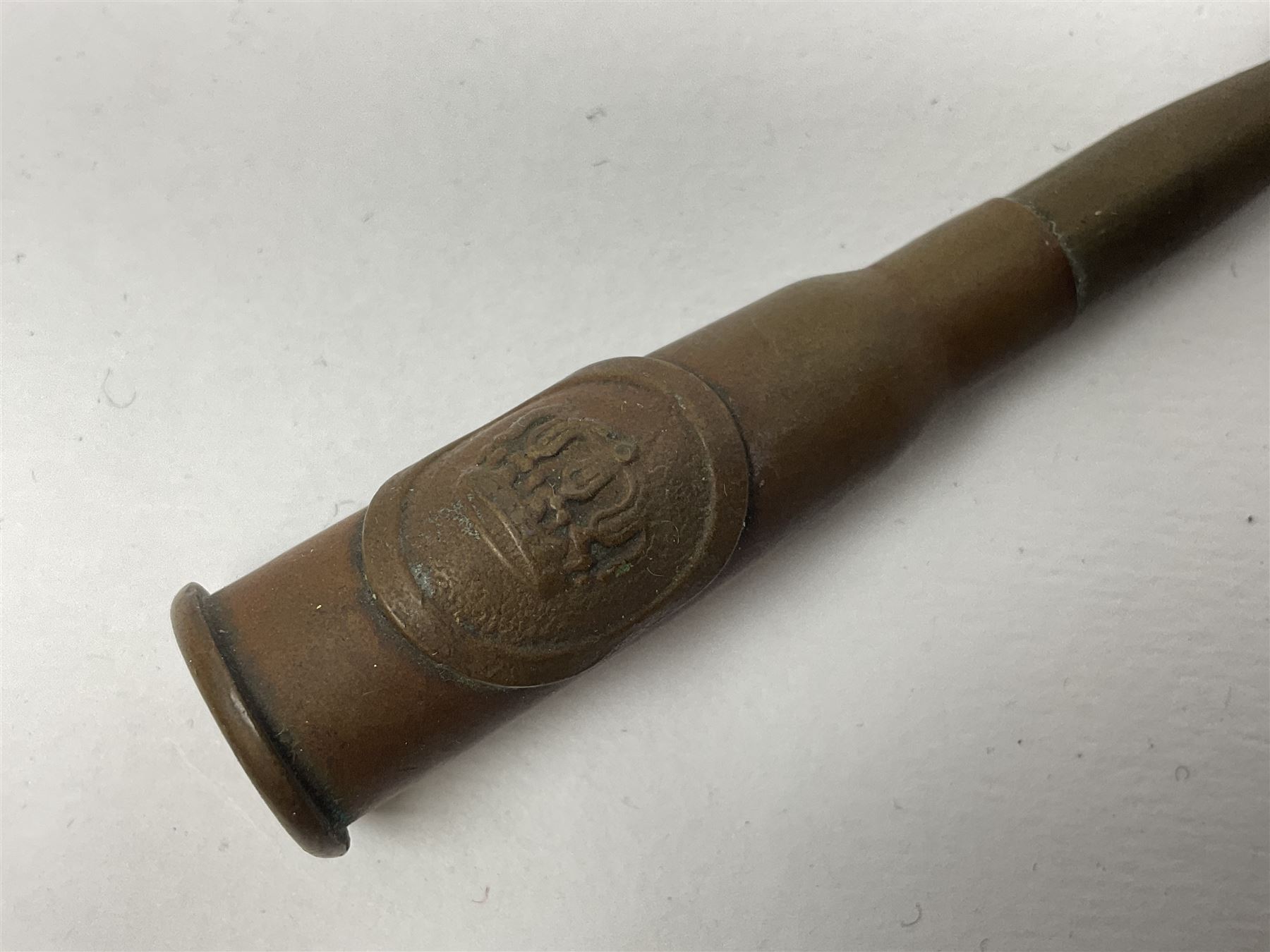 WW1 Short & Mason Ltd 'The Magnapole' black japanned brass field compass in leather carrying case; WW1 trench art paper knife inscribed Dixmude; and small quantity of cloth badges etc