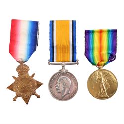 WWI medal set, comprising 1914-15 star, War and Victory medals, awarded to 23038 Pte BL Pe...