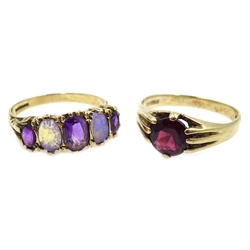  Garnet set gold ring London 1962 and an amethyst and opal gold ring both hallmarked 9ct  