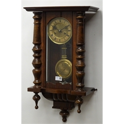  19th century walnut and beech Vienna wall clock, twin train movement striking the hours and half on rod, H65cm  