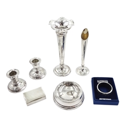 Pair of silver dwarf candlesticks by J P, Birmingham 1966, silver trumpet vase by Miller Brothers,1905, silver specimen vase, silver dish and napkin ring, all hallmarked and a continental silver lidded box stamped