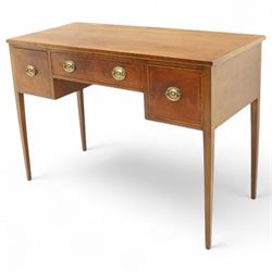 George III inlaid mahogany side table, rectangular top over three cockbeaded drawers with oval brass backplates and handles, on square tapering supports