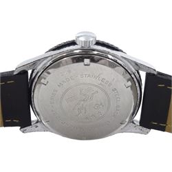 Cardinal Submarine gentleman's stainless steel manual wind wristwatch, 23 jewel movement, black dial with luminous hands and hour markers and a Felca Skymaster gentleman's stainless steel automatic 25 jewel wristwatch, both with date apertures, on black leather straps