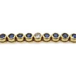  Gold bezel set sapphire and diamond line bracelet, stamped 14K  
