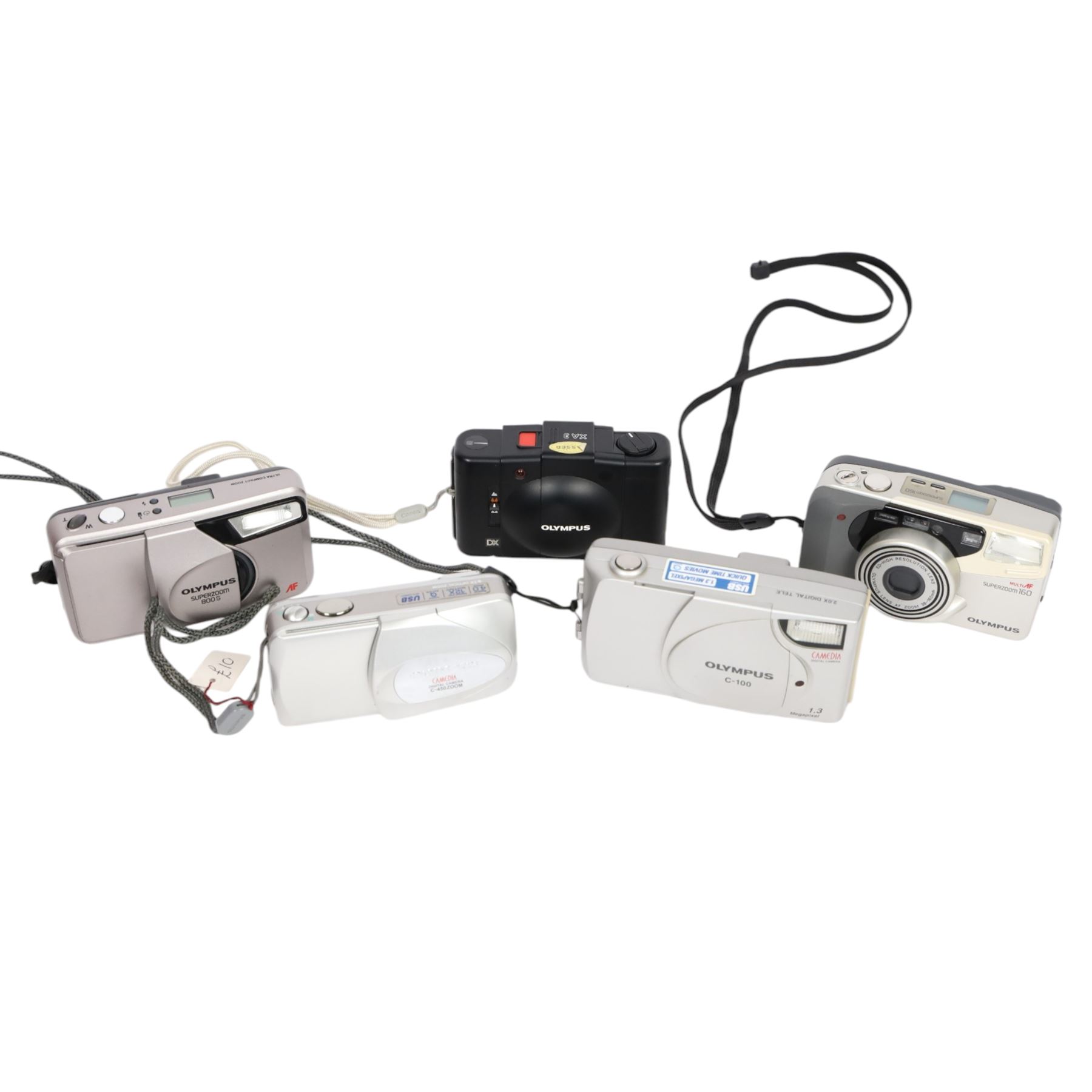 Five Olympus compact digital cameras, comprising Superzoom 800S, Camedia C-450 Zoom, Superzoom 160, XA3 and a boxed Camedia C-100