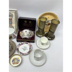 Commemorative ware to include Sampson Bridgwood Queen Victoria 1897 Jubilee teapot for Harrods, Poole limited edition Charles and Diana plaque, Regent China Edward VII moustache cup and saucer, pair of Aynsley Prince William birth mini loving cups, Pair Robert Burns Ridgways vases c1910 and other commemorative ceramics in one box