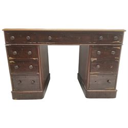 Victorian mahogany twin pedestal desk, moulded rectangular top with inset leather writing surface, fitted with nine drawers, on plinth base 