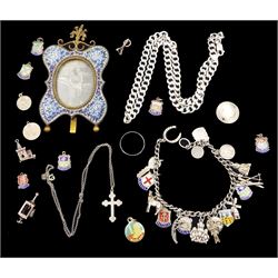 Silver jewellery including a charm bracelet with eighteen charms including wise monkeys, moon, horse etc, loose charms, curb link chain and ring, and a floral micro-mosaic photograph frame