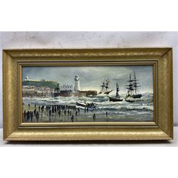 Robert Sheader (British 20th century): Scarborough South Bay at Low and High Tide, pair oils on board signed 21cm x 49cm (2)
