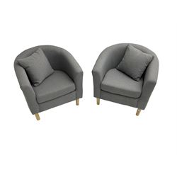 Pair small tub chairs, upholstered in graphite grey fabric and raised on tapered feet