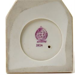 Pair of Royal Worcester blush ivory figures from the Countries of the World series 'Irish Girl' 1874 and 'Welsh Girl' 1875, pair of Royal Worcester blush ivory shallow shell dishes painted with flowers D12cm and a small Hadley's Worcester cauldron shape vase (5) 